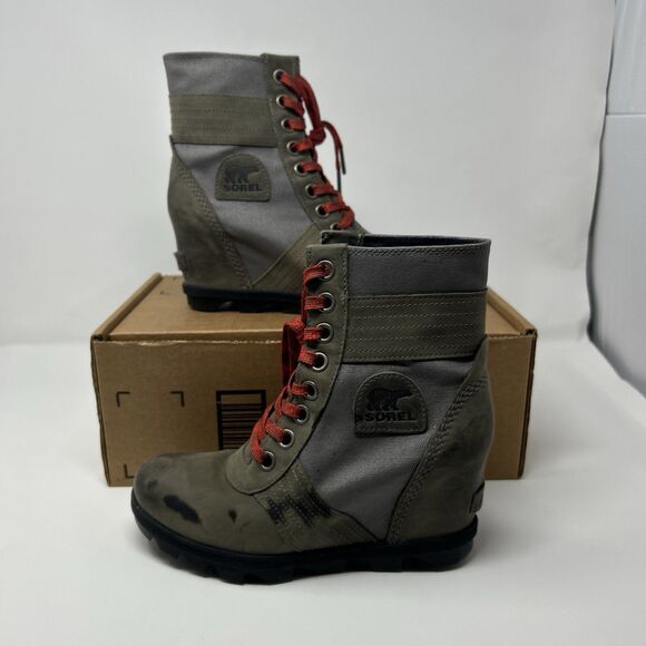 SOREL Lexie Wedge Ankle Boot Quarry Waterproof Leather Canvas Size 7.5/EU 38.5 - Picture 1 of 16